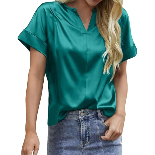 Satin-Hemden für Damen, aufrollbar, kurzärmelig, Button-Down-Shirt, lässig, Sommer, V-Ausschnitt, elegante Arbeitsblusen (Grün, XL) von SUIBOZ