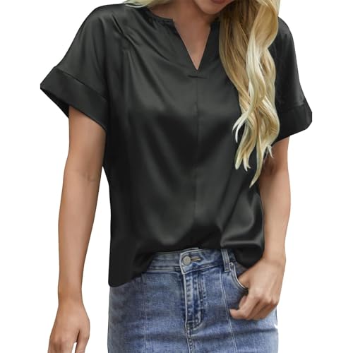 Satin-Hemden für Damen, aufrollbar, kurzärmelig, Button-Down-Shirt, lässig, Sommer, V-Ausschnitt, elegante Arbeitsblusen (Schwarz, M) von SUIBOZ