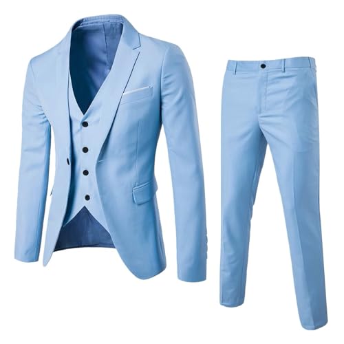 Solider 3-teiliger Herrenanzug, Einknopf, schmale Passform, Smoking, Blazerkleid, Business, Hochzeit, Party, Jacke, Weste und Hose (Blau, S) von SUIBOZ