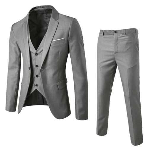 Solider 3-teiliger Herrenanzug, Einknopf, schmale Passform, Smoking, Blazerkleid, Business, Hochzeit, Party, Jacke, Weste und Hose (Grau, XXL) von SUIBOZ