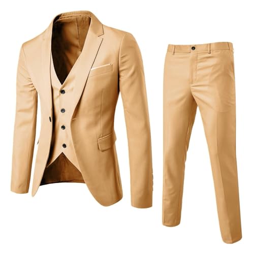 Solider 3-teiliger Herrenanzug, Einknopf, schmale Passform, Smoking, Blazerkleid, Business, Hochzeit, Party, Jacke, Weste und Hose (Khaki, S) von SUIBOZ
