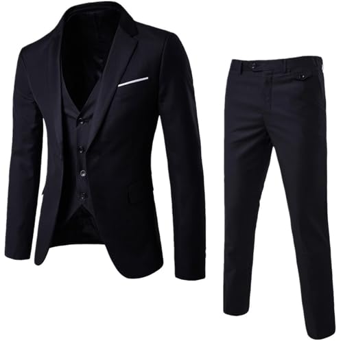 Solider 3-teiliger Herrenanzug, Einknopf, schmale Passform, Smoking, Blazerkleid, Business, Hochzeit, Party, Jacke, Weste und Hose (Schwarz, Größe 4XL) von SUIBOZ