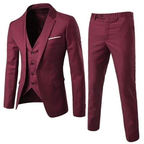 Solider 3-teiliger Herrenanzug, Einknopf, schmale Passform, Smoking, Blazerkleid, Business, Hochzeit, Party, Jacke, Weste und Hose (Wein, S) von SUIBOZ