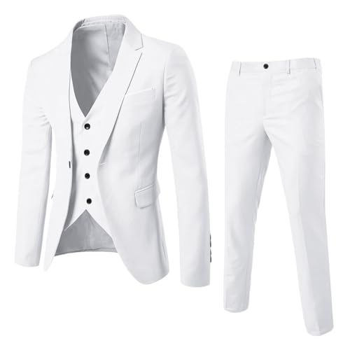 Solider 3-teiliger Herrenanzug, Einknopf, schmale Passform, Smoking, Blazerkleid, Business, Hochzeit, Party, Jacke, Weste und Hose (Weiß, XXL) von SUIBOZ
