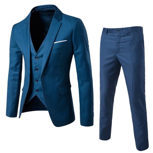 Solider 3-teiliger Herrenanzug mit einem Knopf, schmale Passform, Smoking, Blazerkleid, Business, Hochzeit, Party, Jacke, Weste und Hose (Blau - 2, L) von SUIBOZ