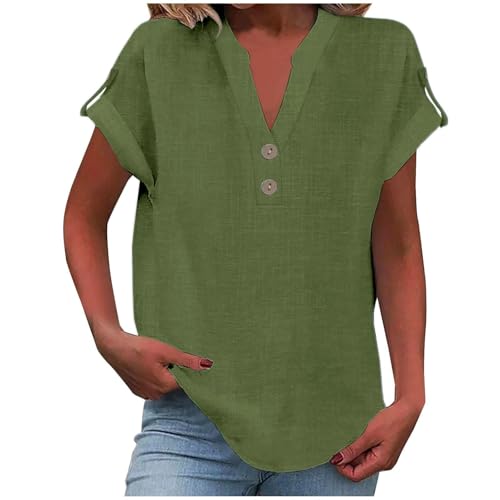 Sommer-Leinen-Oberteil für Damen, trendiges 2025, elegant, kurzärmelig, V-Ausschnitt, Button-Down-Shirt, lockere Tunika, Hemd, Blusen (Armeegrün, M) von SUIBOZ