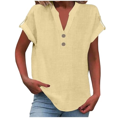 Sommer-Leinen-Oberteil für Damen, trendiges 2025, elegant, kurzärmelig, V-Ausschnitt, Button-Down-Shirt, lockere Tunika, Hemd, Blusen (Gelb, S) von SUIBOZ