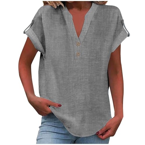 Sommer-Leinen-Oberteil für Damen, trendiges 2025, elegant, kurzärmelig, V-Ausschnitt, Button-Down-Shirt, lockere Tunika, Hemd, Blusen (Grau, Größe 4XL) von SUIBOZ