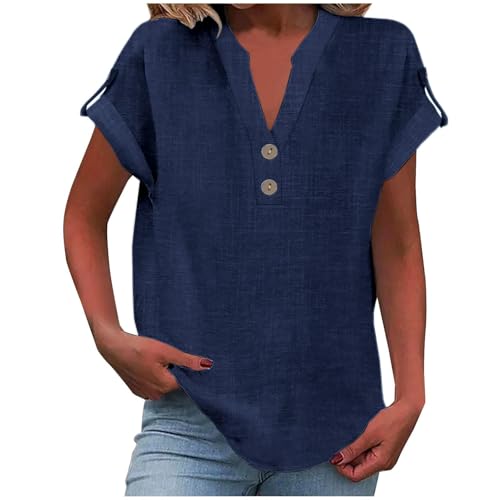 Sommer-Leinen-Oberteil für Damen, trendiges 2025, elegant, kurzärmelig, V-Ausschnitt, Button-Down-Shirt, lockere Tunika, Hemd, Blusen (Marineblau, L) von SUIBOZ