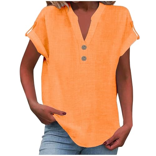 Sommer-Leinen-Oberteil für Damen, trendiges 2025, elegant, kurzärmelig, V-Ausschnitt, Button-Down-Shirt, lockere Tunika, Hemd, Blusen (Orange, M) von SUIBOZ