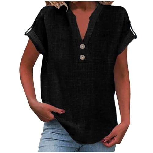 Sommer-Leinen-Oberteil für Damen, trendiges 2025, elegant, kurzärmelig, V-Ausschnitt, Button-Down-Shirt, lockere Tunika, Hemd, Blusen (Schwarz, L) von SUIBOZ