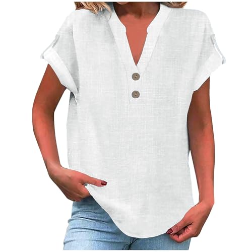 Sommer-Leinen-Oberteil für Damen, trendiges 2025, elegant, kurzärmelig, V-Ausschnitt, Button-Down-Shirt, lockere Tunika, Hemd, Blusen (Weiß, S) von SUIBOZ