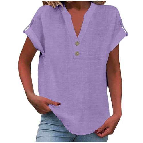 Sommer-Leinen-Oberteil für Damen, trendiges 2025, elegant, kurzärmelig, V-Ausschnitt, Button-Down-Shirt, lockere Tunika, Hemd, Blusen (lila, M) von SUIBOZ
