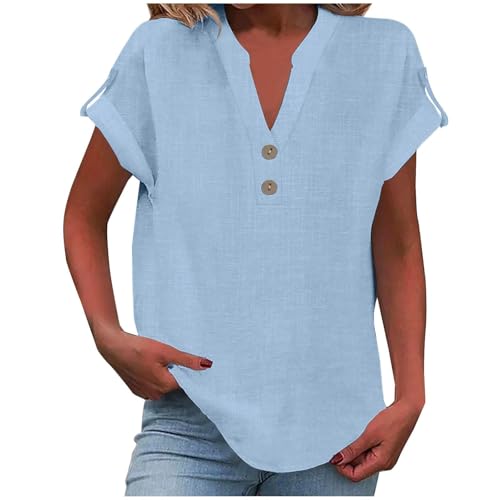 Sommer-Leinen-Oberteil für Damen, trendiges 2025, elegant, kurzärmelig, V-Ausschnitt, Knopfleiste, lockere Tunika, Hemd, Blusen (Himmelblau, Größe 4XL) von SUIBOZ