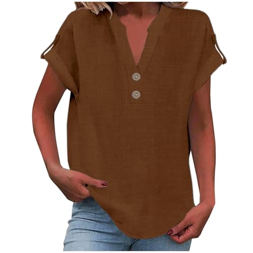 Sommer-Leinen-Oberteil für Damen, trendiges 2025, elegant, kurzärmelig, V-Ausschnitt, Knopfleiste, lockere Tunika, Hemd, Blusen (Kaffee, Größe 5XL) von SUIBOZ