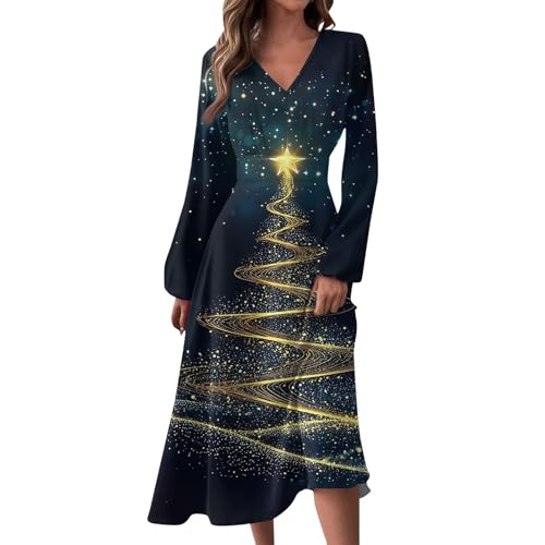 Weihnachtskleider für Damen, elegant, Herbst, Winter, V-Ausschnitt, langärmelig, bedruckt, langes Kleid, Schneeflocken-Design, lässiger Stil (TYPE - 6, XXL) von SUIBOZ