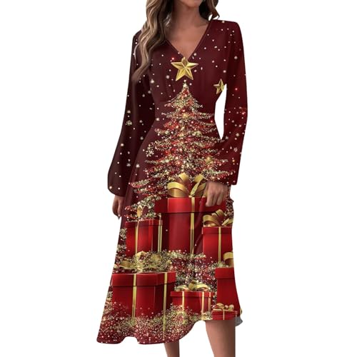Weihnachtskleider für Damen, elegant, Herbst, Winter, V-Ausschnitt, langärmelig, bedruckt, langes Kleid, Schneeflocken-Design, lässiger Stil (TYPE - 9, XXL) von SUIBOZ