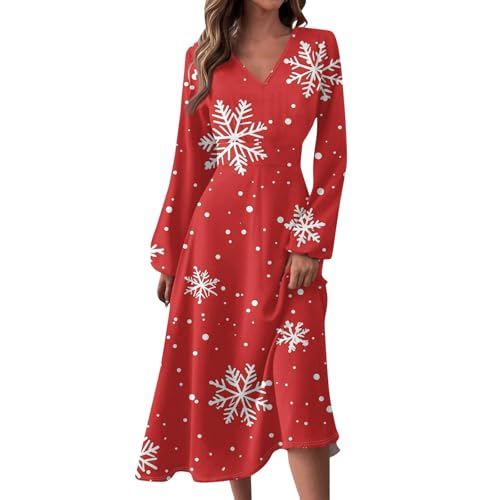 Weihnachtskleider für Damen, elegant, Herbst, Winter, V-Ausschnitt, langärmelig, bedruckt, langes Kleid, Schneeflocken-Design, leger, Größe 3, XXL Weihnachtskleider für Damen, elegant, Herbst, Winter, V-Ausschnitt, langärmelig, bedruckt, langes Kleid, Schneeflocken-Design, leger, Größe 3, XXL von SUIBOZ