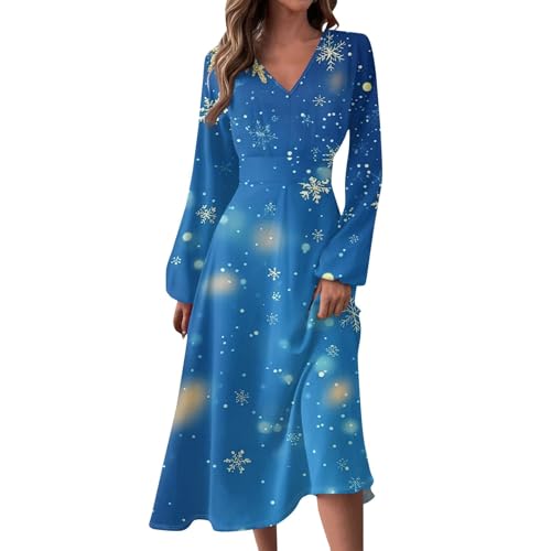 Weihnachtskleider für Damen, elegant, Herbst, Winter, V-Ausschnitt, langärmelig, bedruckt, langes Kleid, Schneeflocken-Design, leger, Größe 34, XXL Weihnachtskleider für Damen, elegant, Herbst, Winter, V-Ausschnitt, langärmelig, bedruckt, langes Kleid, Schneeflocken-Design, leger, Größe 34, XXL von SUIBOZ