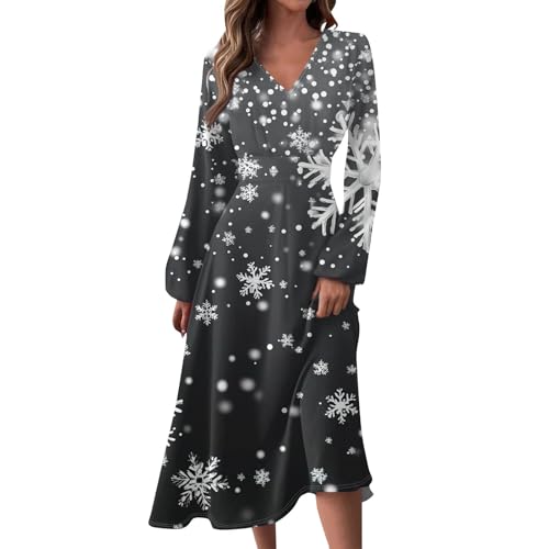 Weihnachtskleider für Damen, elegant, Herbst, Winter, V-Ausschnitt, langärmelig, bedruckt, langes Kleid, Schneeflocken-Design, leger, Größe 36, XXL Weihnachtskleider für Damen, elegant, Herbst, Winter, V-Ausschnitt, langärmelig, bedruckt, langes Kleid, Schneeflocken-Design, leger, Größe 36, XXL von SUIBOZ
