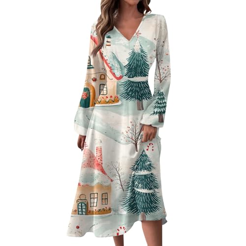 Weihnachtskleider für Damen, elegant, Herbst, Winter, V-Ausschnitt, langärmelig, bedruckt, langes Kleid, Schneeflocken-Design, leger, Größe 48, XXL Weihnachtskleider für Damen, elegant, Herbst, Winter, V-Ausschnitt, langärmelig, bedruckt, langes Kleid, Schneeflocken-Design, leger, Größe 48, XXL von SUIBOZ