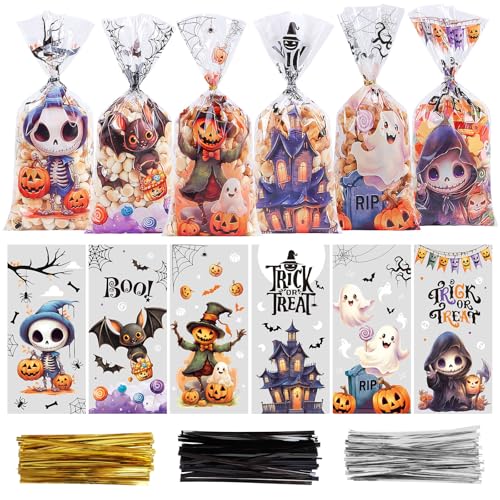 SULOLI 120 Stück Halloween Süßigkeiten Tüten,Bunt Transparente Geschenktüten,Bonbontüten,Candy Tüten mit Gespenst,Fledermaus,Skelett für Halloween,Party Supplies und Geschenke SULOLI 120 Stück Halloween Süßigkeiten Tüten,Bunt Transparente Geschenktüten,Bonbontüten,Candy Tüten mit Gespenst,Fledermaus,Skelett für Halloween,Party Supplies und Geschenke von SULOLI