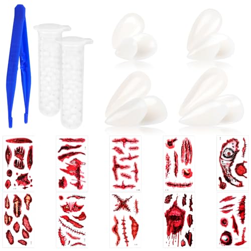 SULOLI 4 Paar Halloween Vampirzähne mit Tattoos,Gebiss Fangs,Gefälscht mit Pellets Kleber für Cosplay,Requisiten,Halloween, Dämon, Hexe SULOLI 4 Paar Halloween Vampirzähne mit Tattoos,Gebiss Fangs,Gefälscht mit Pellets Kleber für Cosplay,Requisiten,Halloween, Dämon, Hexe von SULOLI