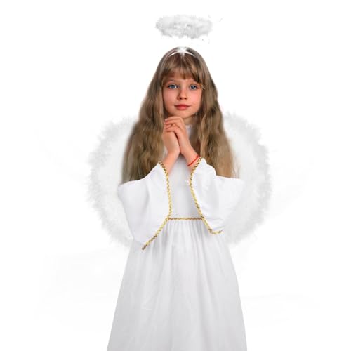 SULOLI Engel Kostüm Weihnachten,Krippenspiel Engelskostüm Kinder,Weihnachten Engel Kleidung mit Flügel und Stirnbänder für Weihnachten Karneval Party Cosplay(M) von SULOLI