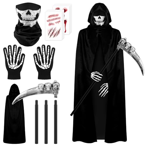 SULOLI Halloween Sensenmann Kostüm mit Schädelmaske,Glühhandschuhen,Umhang Kapuze Sensenmann Kostüm Set für Karneval Cosplay (130cm) von SULOLI