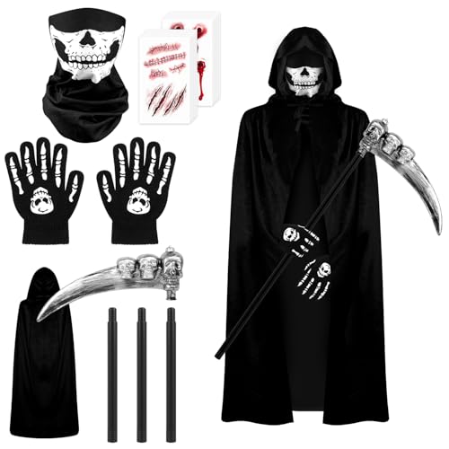 SULOLI Halloween Sensenmann Kostüm mit Schädelmaske,Skelett Handschuhe,Umhang Kapuze Sensenmann Kostüm Set für Karneval Cosplay (90cm) von SULOLI