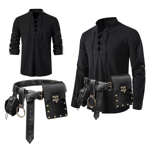5-teiliges Halloween-Kostüm-Set für Herren, Renaissance-Kostüm-Set, mittelalterliches Piratenhemd, Oberteil, Gürteltasche, Münztasche, Haken, Steampunk, Festival-Zubehör, Schwarz, L 5-teiliges Halloween-Kostüm-Set für Herren, Renaissance-Kostüm-Set, mittelalterliches Piratenhemd, Oberteil, Gürteltasche, Münztasche, Haken, Steampunk, Festival-Zubehör, Schwarz, L von SUMGOGO