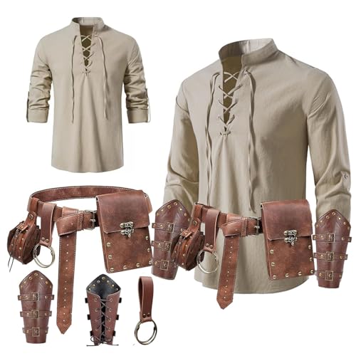 7-teiliges Halloween-Kostüm-Set für Herren, Renaissance-Kostüm-Set, mittelalterliches Piratenhemd, Oberteil, Gürteltasche, Wikinger-Bandhaken, Festival-Zubehör, Khaki-Braun, L von SUMGOGO