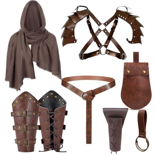Herren Renaissance-Kostüm, mittelalterlicher Piraten-Schal, Gürteltasche, Schulterschutz, Armschienen, Gürtel, Schwert, Tasche, Cosplay-Zubehör, 8 Stück, Braun, Einheitsgr��e Herren Renaissance-Kostüm, mittelalterlicher Piraten-Schal, Gürteltasche, Schulterschutz, Armschienen, Gürtel, Schwert, Tasche, Cosplay-Zubehör, 8 Stück, Braun, Einheitsgr��e von SUMGOGO