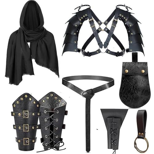 Herren Renaissance-Kostüm, mittelalterlicher Piraten-Schal, Gürteltasche, Schulterschutz, Armschienen, Gürtel, Schwert, Tasche, Cosplay-Zubehör, 8 Stück, Schwarz, Einheitsgr��e Herren Renaissance-Kostüm, mittelalterlicher Piraten-Schal, Gürteltasche, Schulterschutz, Armschienen, Gürtel, Schwert, Tasche, Cosplay-Zubehör, 8 Stück, Schwarz, Einheitsgr��e von SUMGOGO