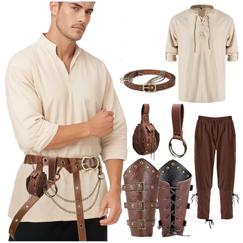 SUMGOGO Halloween-Kostüm-Set, Renaissance-Kostüm-Set, mittelalterliches Piratenhemd, Hose, Wikinger-Chian-Gürtel, Münzgeldbörse, Hosenträgerzubehör, Braun, L von SUMGOGO