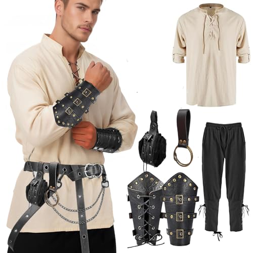 SUMGOGO Halloween-Kostüm-Set, Renaissance-Kostüm-Set, mittelalterliches Piratenhemd, Hose, Wikinger-Chian-Gürtel, Münzgeldbörse, Hosenträgerzubehör, Schwarz, M von SUMGOGO