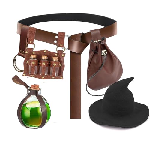 SUMGOGO Hexenhut, Retro, Mittelalter-Gürteltasche, Alchemie-Trank-Fläschchen, Fantasy-Zauberer-Kostüm-Sets für Ren-Faire, Halloween, Cosplay, Party (Braun b) von SUMGOGO