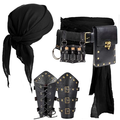 SUMGOGO Piratenkostüm, Halloween-Zubehör, Kopftuch, Bandana, Schärpe, Gürteltasche, Münzbörse, Armbändern, Renaissance-Kleid, Cosplay, Ampullen - schwarz, Einheitsgr��e von SUMGOGO
