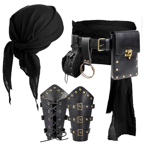 SUMGOGO Piratenkostüm, Halloween-Zubehör, Kopftuch, Bandana, Schärpe, Gürteltasche, Münzbörse, Armbändern, Renaissance-Kleid, Cosplay, Beutel, schwarz, Einheitsgr��e von SUMGOGO