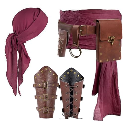 SUMGOGO Piratenkostüm, Halloween-Zubehör, Kopftuch, Bandana, Schärpe, Gürteltasche, Münzbörse, Armbändern, Renaissance-Kleid, Cosplay, Schwertbraun, Einheitsgr��e von SUMGOGO