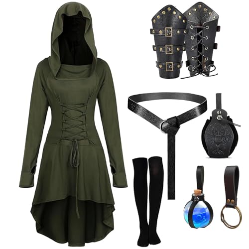 SUMGOGO Renaissance-Damen-Kostüm, mittelalterliches Kapuzenmantel, Gürteltasche, Armschienen, Haken, Bottole, Festival-Zubehör, 8 Stück, Grün-Schwarz, XL SUMGOGO Renaissance-Damen-Kostüm, mittelalterliches Kapuzenmantel, Gürteltasche, Armschienen, Haken, Bottole, Festival-Zubehör, 8 Stück, Grün-Schwarz, XL von SUMGOGO