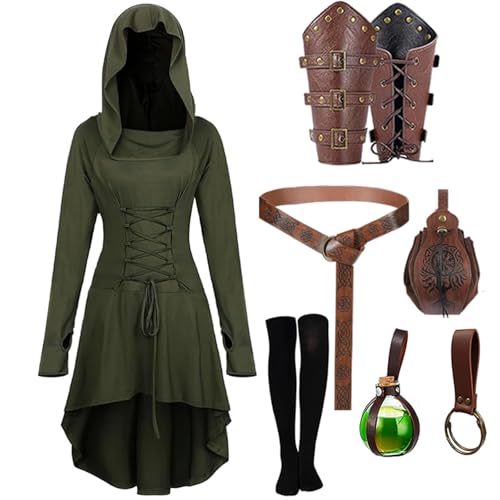 SUMGOGO Renaissance-Damen-Kostüm, mittelalterliches Kapuzenmantel, Gürteltasche, Armschienen, Haken, Bottole, Festival-Zubehör, 8 Stück, Grünbraun, X-Large SUMGOGO Renaissance-Damen-Kostüm, mittelalterliches Kapuzenmantel, Gürteltasche, Armschienen, Haken, Bottole, Festival-Zubehör, 8 Stück, Grünbraun, X-Large von SUMGOGO