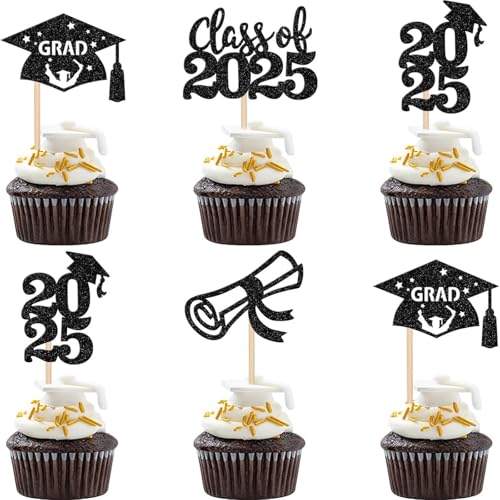 12Pcs 2025 Abschluss thema Cupcake Toppers Glitter Klasse von 2025 Diplom Abschluss Cap Cupcake Picks Grad Thema Party Kuchen Dekorations zubehör Pink von SUMKTO