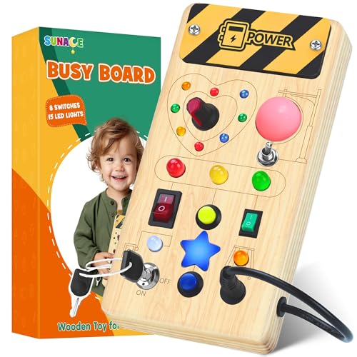 Montessori Busy Board - Montessori Spielzeug ab 1 Jahr Holzspielzeug mit 8 Schalter 15 LED-Leuchten Activity Board Motorikspielzeug Lernspielzeug für Babys Kleinkinder Jungen Mädchen ab 1 2 3 4 jahre von SUNACE