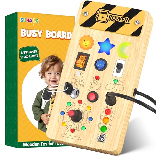 Montessori Spielzeug ab 1 Jahr - Montessori Busy Board Holzspielzeug mit 8 Schalter 17 LED-Leuchten Activity Board Motorikspielzeug Lernspielzeug für Babys Kleinkinder Jungen Mädchen ab 1 2 3 Jahre von SUNACE