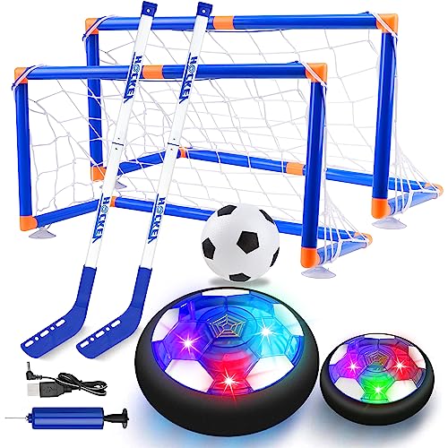 SUNACE Air Power Fußball Kinderspielzeug - 3 in1 Hockey Set Kinder Outdoor mit LED Beleuchtung und Schaum Stoßstangen für Indoor Outdoor-Spiele, Fussball Geschenke Jungen für Weihnachten Geburtstag von SUNACE