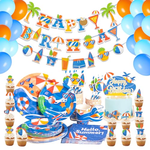 SUNBEAUTY 125 Stück Pool Partygeschirr Set mit Luftballon Banner Pappteller Pappbecher Papierstroh Servietten Cupcake Topper für Sommer Beach Kindergeburtstag Party Deko SUNBEAUTY 125 Stück Pool Partygeschirr Set mit Luftballon Banner Pappteller Pappbecher Papierstroh Servietten Cupcake Topper für Sommer Beach Kindergeburtstag Party Deko von SUNBEAUTY