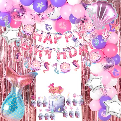 SUNBEAUTY Meerjungfrau Geburtstag Deko mit Luftballons Happy Birthday Banner Cake Toppers für Mädchen Meerjungfrau Kindergeburtstag Deko von SUNBEAUTY