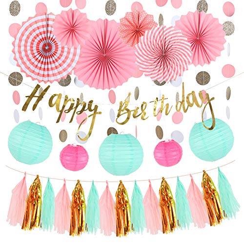 SUNBEAUTY Mint Rosa Geburtstagsdeko Kit Gold HAAPPY Birthday Banner Faltrosetten Kugel-Deko SUNBEAUTY Mint Rosa Geburtstagsdeko Kit Gold HAAPPY Birthday Banner Faltrosetten Kugel-Deko von SUNBEAUTY