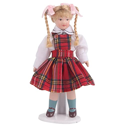 SUNGOOYUE 1:12 Puppenhaus-Puppenspielzeug, Tragbares Mini-Porzellan-langes Geflochtenes Rotes Kleid-Mädchen-Puppenmodell für Puppenhaus-DIY-Modell(Mädchen im roten Kleid mit Langen Zöpfen) von SUNGOOYUE